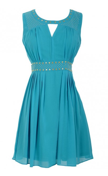 Gold Studded Chiffon Dress in Turquoise